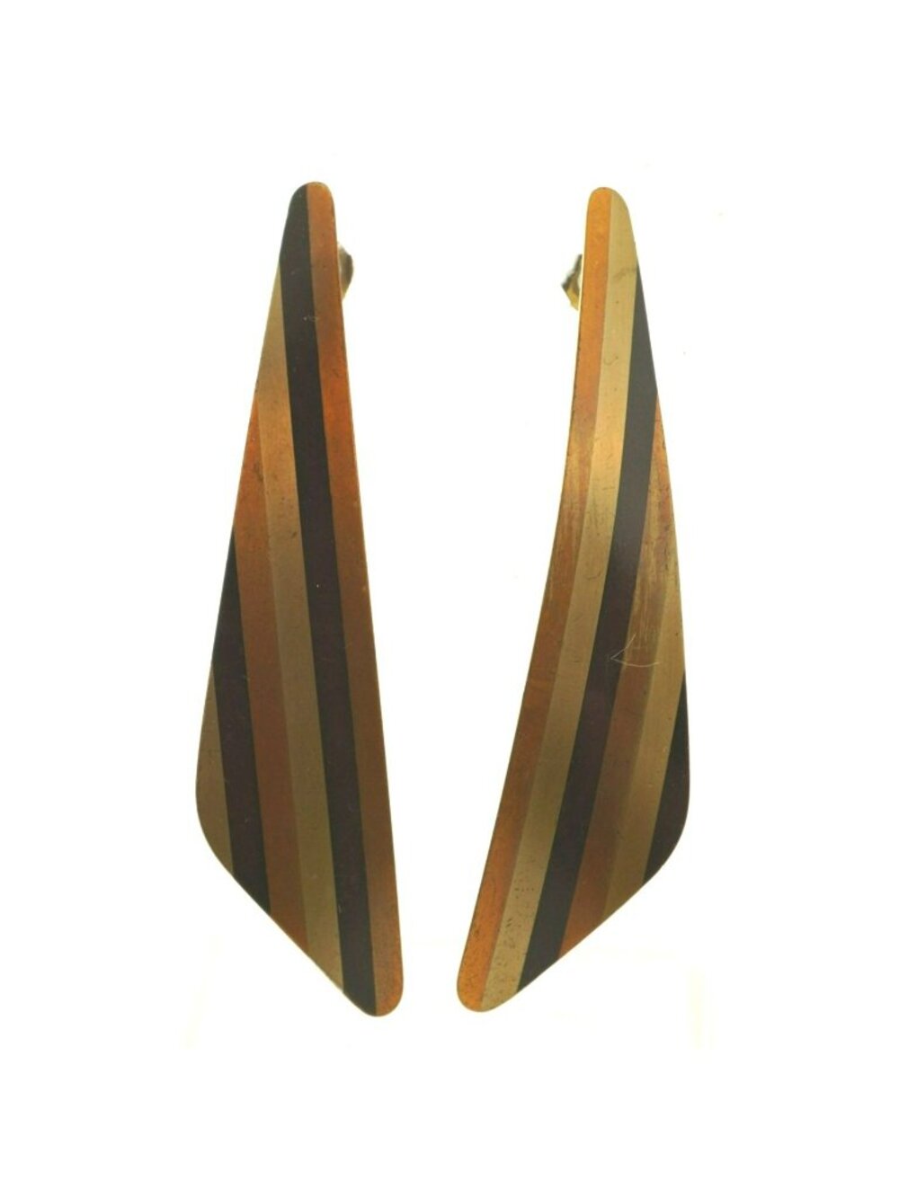 Vintage Geometric Drop Earrings Brown Gold Tone Striped Abstract 80s/90s